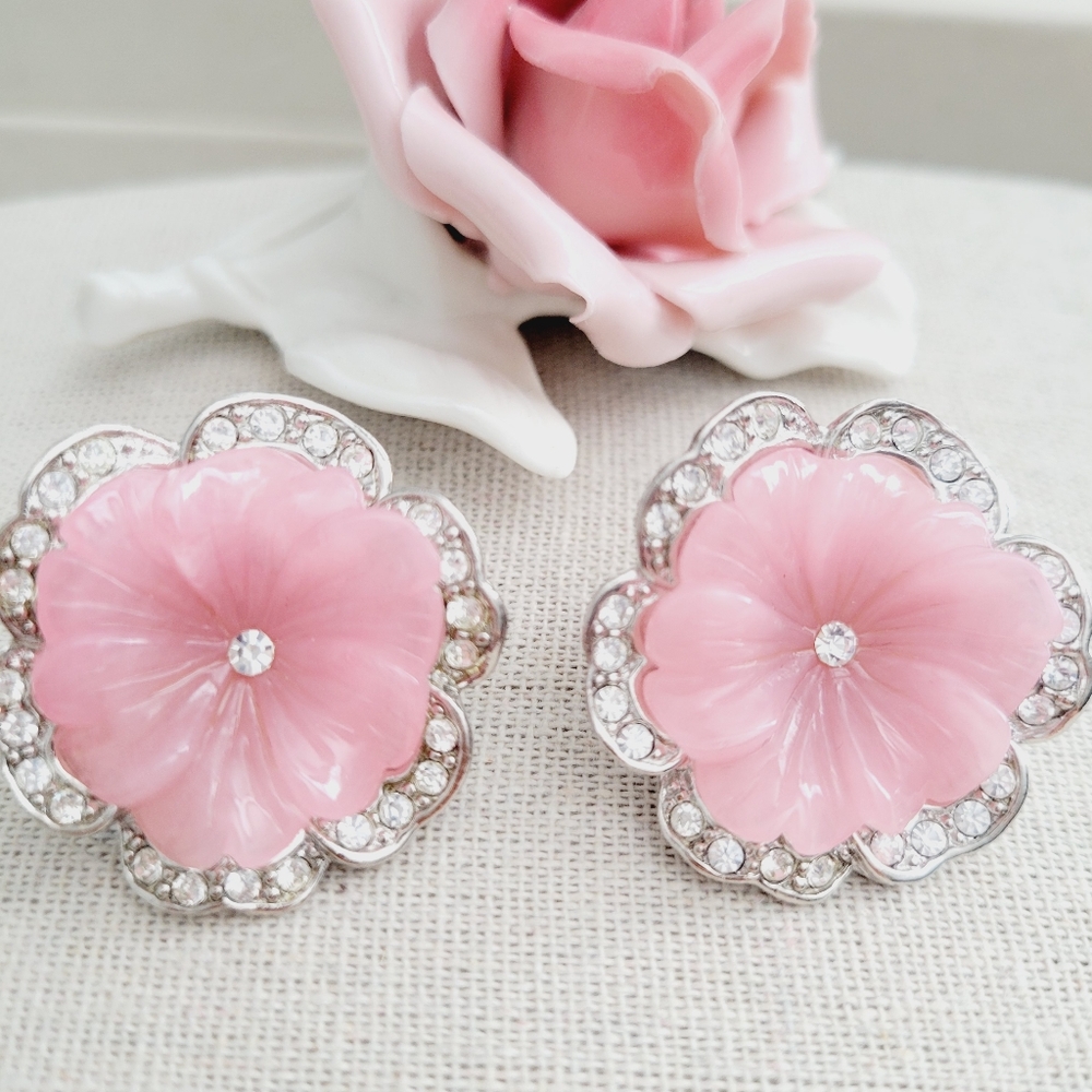 VINTAGE KLJ pink pansy double strand faux pearl necklace and earrings set - Picture 13 of 14
